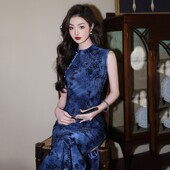 弹力植绒旗袍长款 中年女妈妈显瘦气质无袖 连衣裙日常跳舞穿高级感