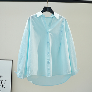 水蓝色棉衬衫 女肩部钮扣宽松棉衬衣设计感百搭上衣2025春夏防晒衫