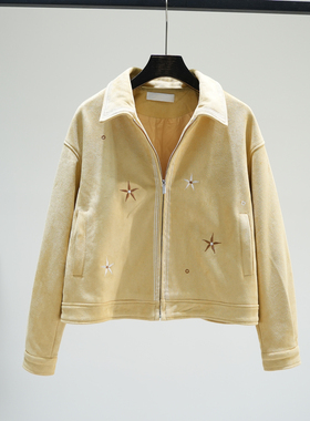重工绣花黄色麂皮绒短款外套女2025秋季新款复古风小众高级感夹克