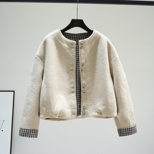 设计感拼格子圆领仿羊羔毛外套女2025秋冬新款 复古减龄保暖夹克潮