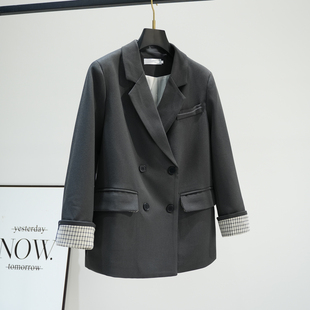 新品 女2026春季 双排扣复古风外套 灰色休闲西装 高级感拼格子翻边袖