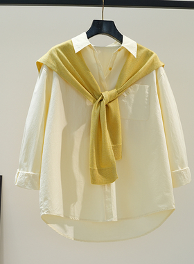 淡黄色棉衬衫女配披肩宽松休闲衬衣2025春夏文艺范长袖上衣两件套