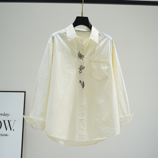 设计感刺绣淡黄色棉衬衫女2026春文艺范宽松长袖翻领减龄衬衣上衣