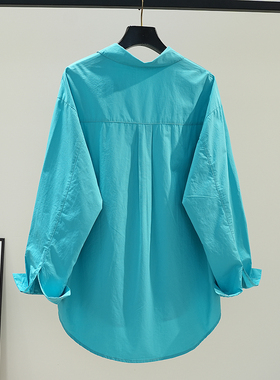 松石绿色棉衬衫女简约设计宽松中长款衬衣2025春季百搭显瘦开衫潮