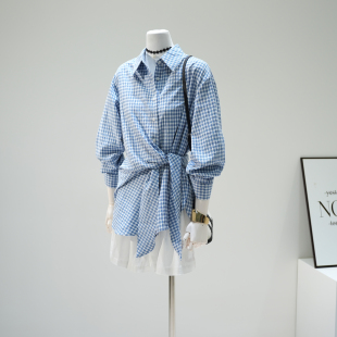 设计感系带收腰格子衬衫 不规则上衣 女重工烫钻宽松衬衣2025秋时尚