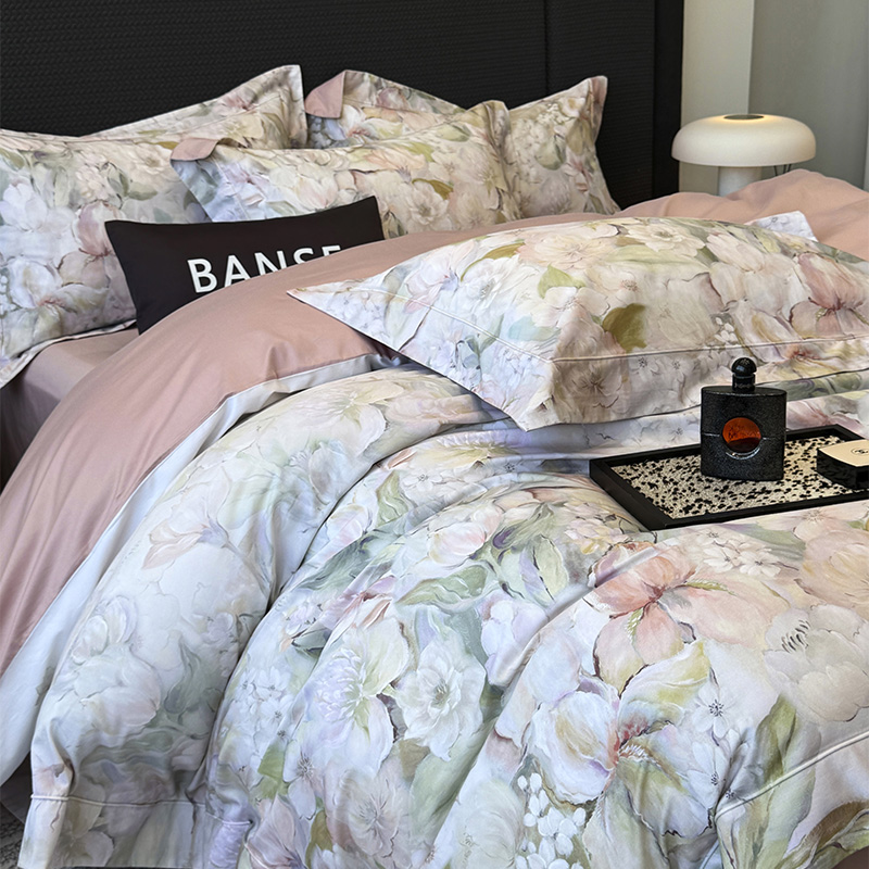 Aurora轻奢高档秋冬100S长绒棉磨毛四件套全棉纯棉花卉被套床单