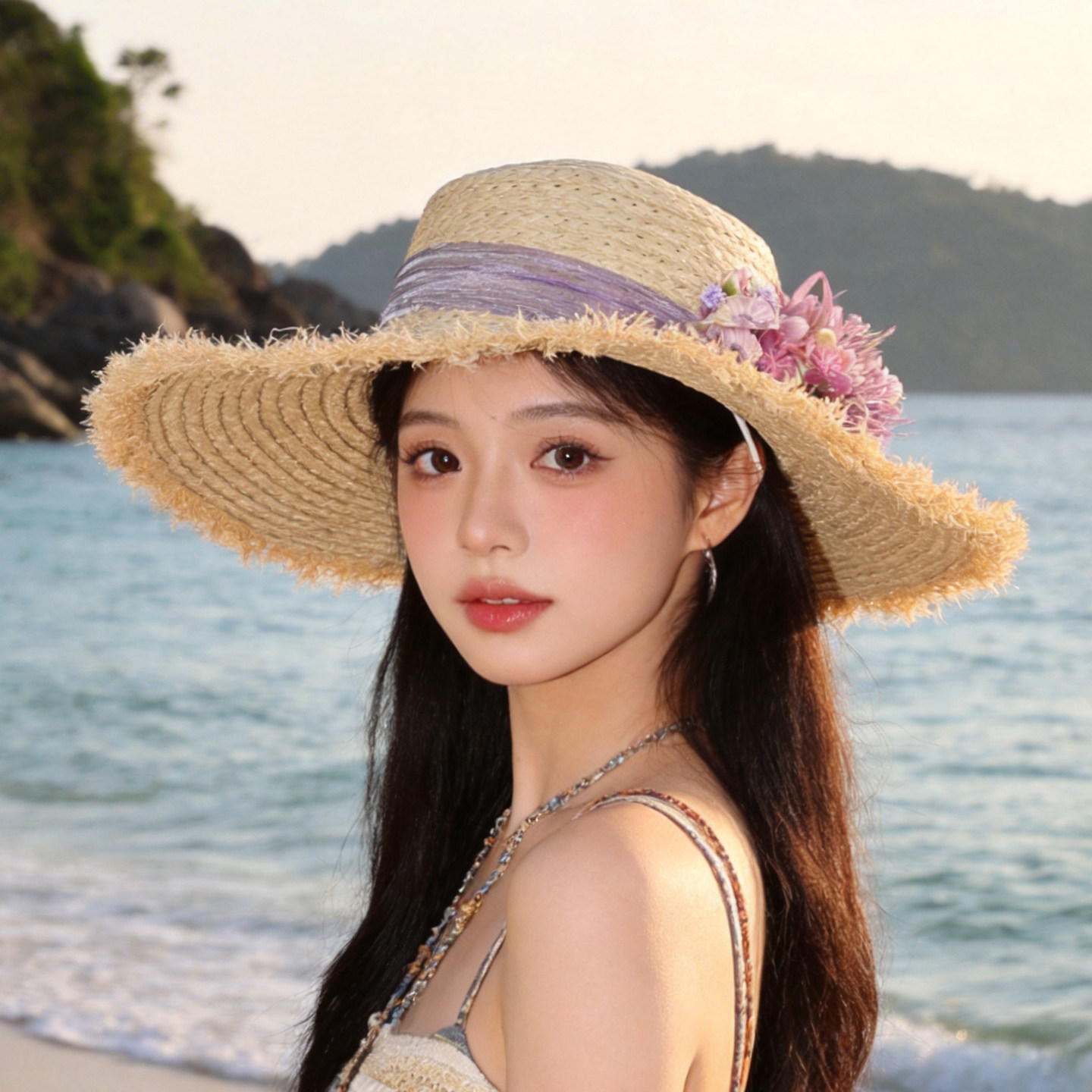 法式花朵防晒大檐草帽女夏