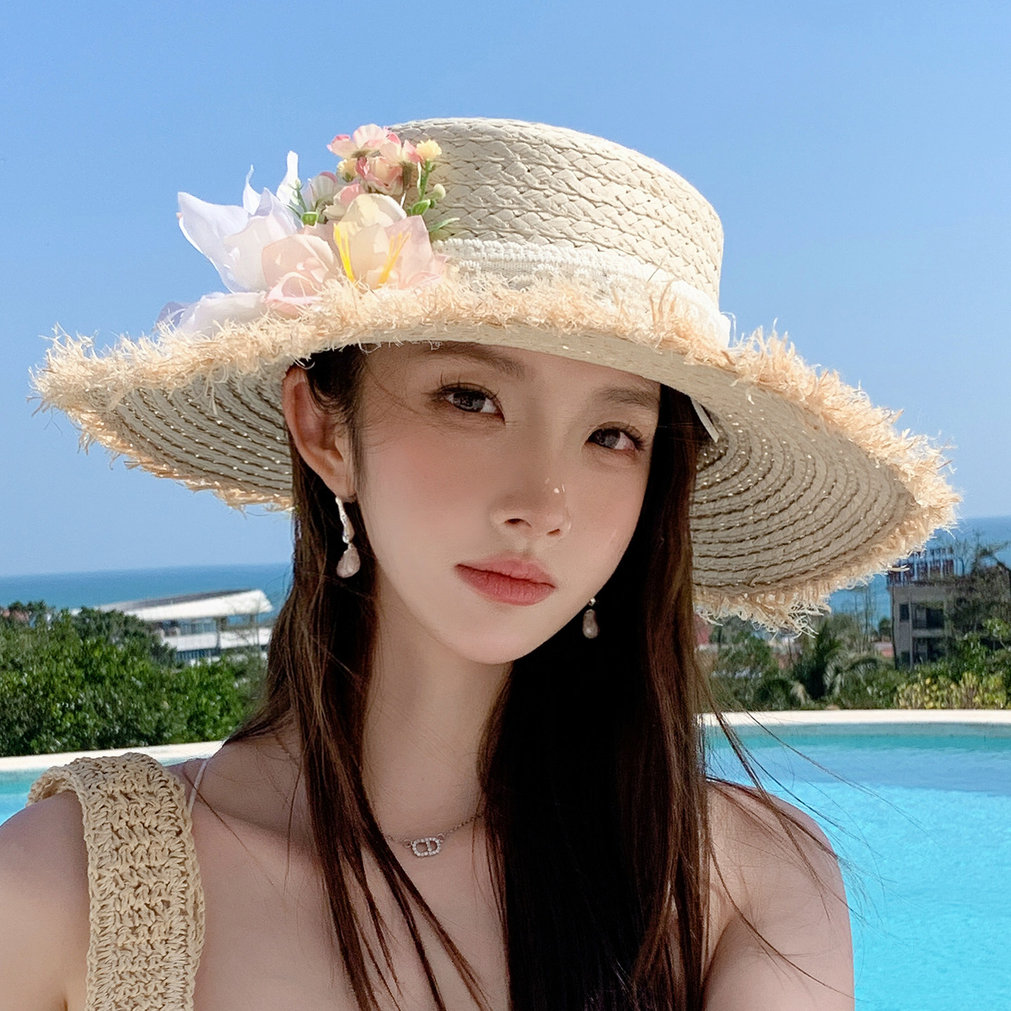 法式花朵防晒平顶草帽女夏海边度假毛边沙滩帽防紫外线遮阳太阳帽