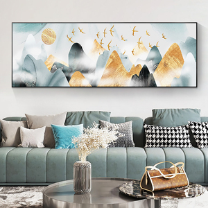 速发新中式客厅装饰画沙发背景墙挂画金燕水来归奢山轻中国风横幅