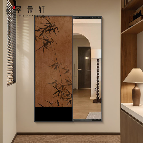 中古风玄关隐藏式推拉全身镜装饰画法式覆古卧室可关闭全身镜挂画