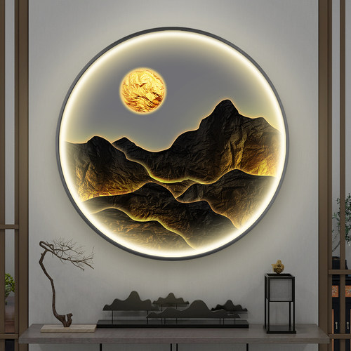 速发新中式圆形入户玄关装饰画轻奢山水灯画挂廊过道背室卧景墙走