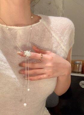 韩系银色烟花珍珠流苏项链女轻奢高级感长款颈链可抽拉毛衣链配饰