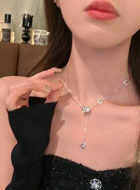 银色钛钢项链饰品女小蛮腰锆石项链女百搭小众毛衣链流苏吊坠颈链
