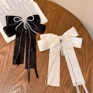 黑色大蝴蝶结缎面飘带发夹后脑勺珍珠边夹弹簧夹超仙法式 顶夹发饰