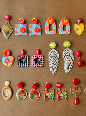 童趣趣味可爱甜美亚克力油画度假耳环复古气质彩色花朵耳饰女