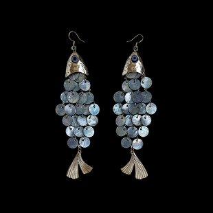 ocean流苏耳环女耳饰 古着vintage复古鱼形贝壳blue