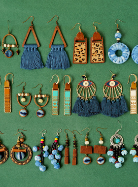 新中式民族风耳环复古云南气质长款流苏波西米亚度假皮绳手作耳饰