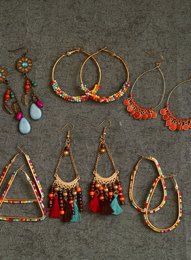 波西米亚风彩色串珠耳环女民族风流苏几何造型耳饰