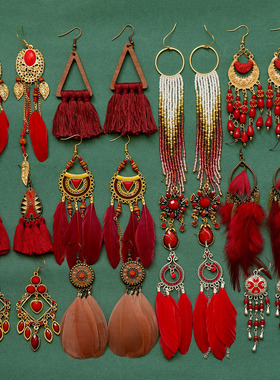 海边复古民族风红色流苏异风情耳饰大理穿搭云南旅游波西米亚耳环