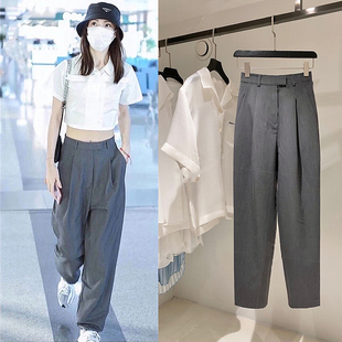 lalaland灰色西装裤女明星同款高腰拖地裤纸袋老爹休闲裤宽松长裤
