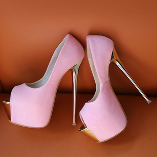 粉色绸缎电镀细跟鱼嘴超高跟单鞋女厚底大码模特宴会鞋恨天高17CM