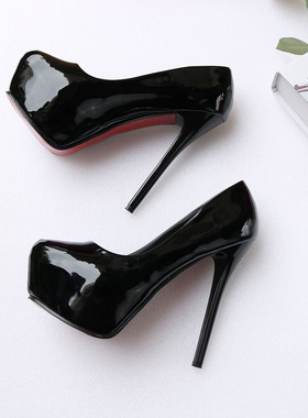 黑色漆皮超高跟鞋尖头单鞋女细跟14cm内防水台夜店恨天高百搭简单