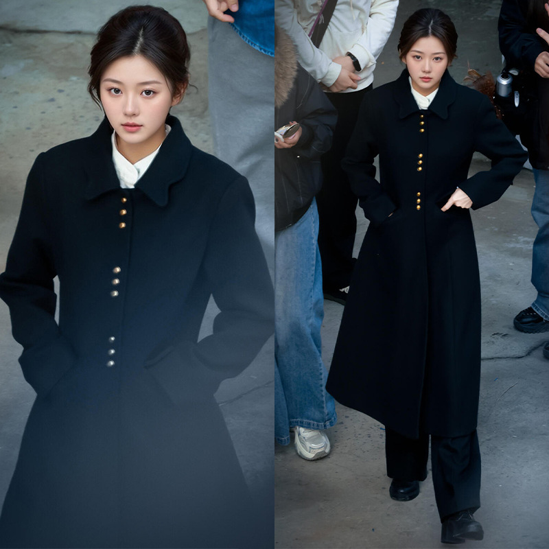 宋祖儿明星同款富家千金修身黑色蝴蝶领双面呢羊毛大衣冬毛呢外套