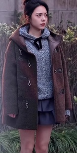 骄阳似我赵今麦聂曦光同款棕色羊羔毛保暖大衣连帽复古英伦短外套