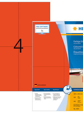 HERMA德国豪玛4397 A4-100张红色不干胶打印标签纸105x148mm