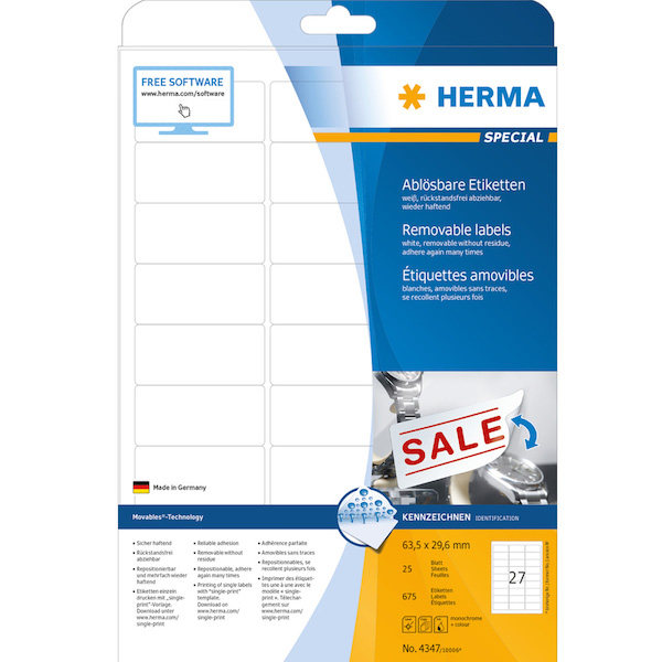 HERMA 4347 德国豪玛A4-25张多次黏贴不干胶标签纸63.5x29.6mm