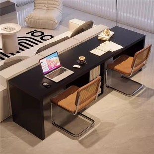 现代简约实木木质长条桌黑色双人办公桌家用书房书桌带储物可定制