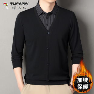 领卫衣打底衫 啄木鸟男士 T恤秋冬加绒加厚保暖假两件衬衫 长袖 新款