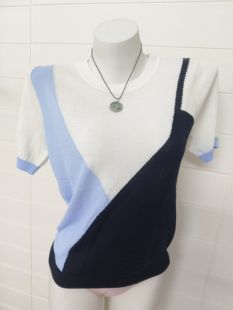 品牌女薄款凉感针织假两件设计短袖黑白蓝小辣妹甜美百搭上衣