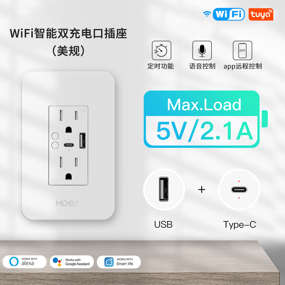 125型涂鸦WiFi智能墙壁插座app定时语音控制USB+typec双孔tuya