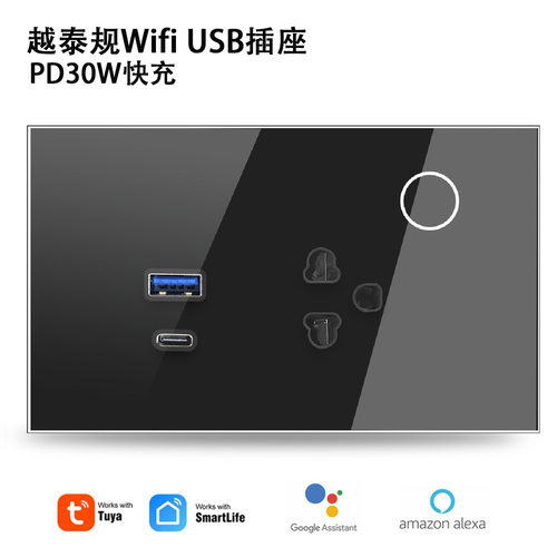 越泰规涂鸦Wifi USB插座16A PD 30W快充支持断电记忆钢化玻璃TUYA