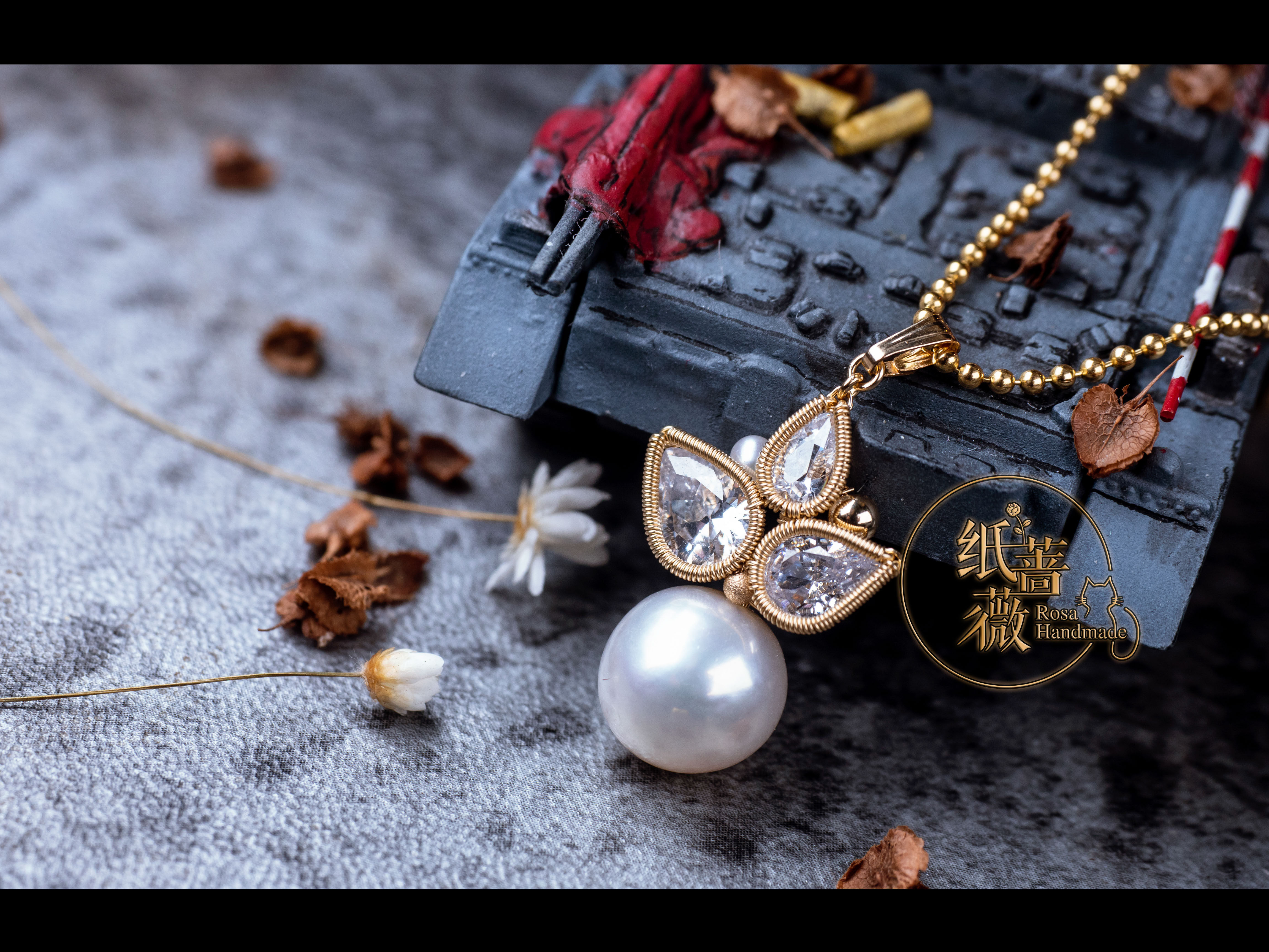 纸蔷薇手作14k包金淡水巴洛克珍珠绕线锆石吊坠耳坠手工首饰