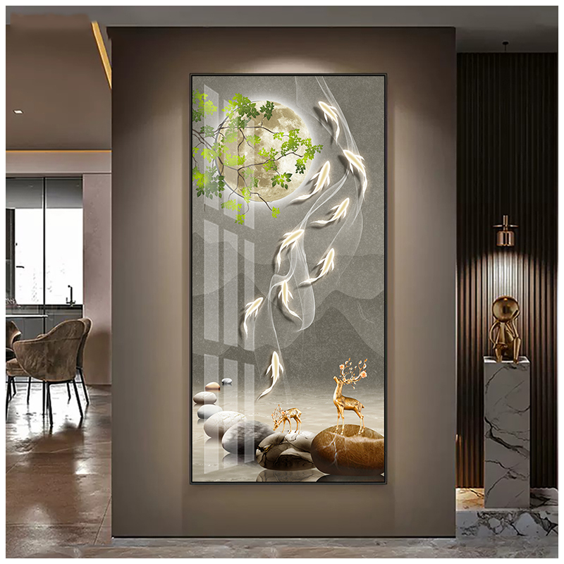 简约九鱼聚财玄关装饰画现代走廊过道挂画高档客厅入户门竖版壁画图片