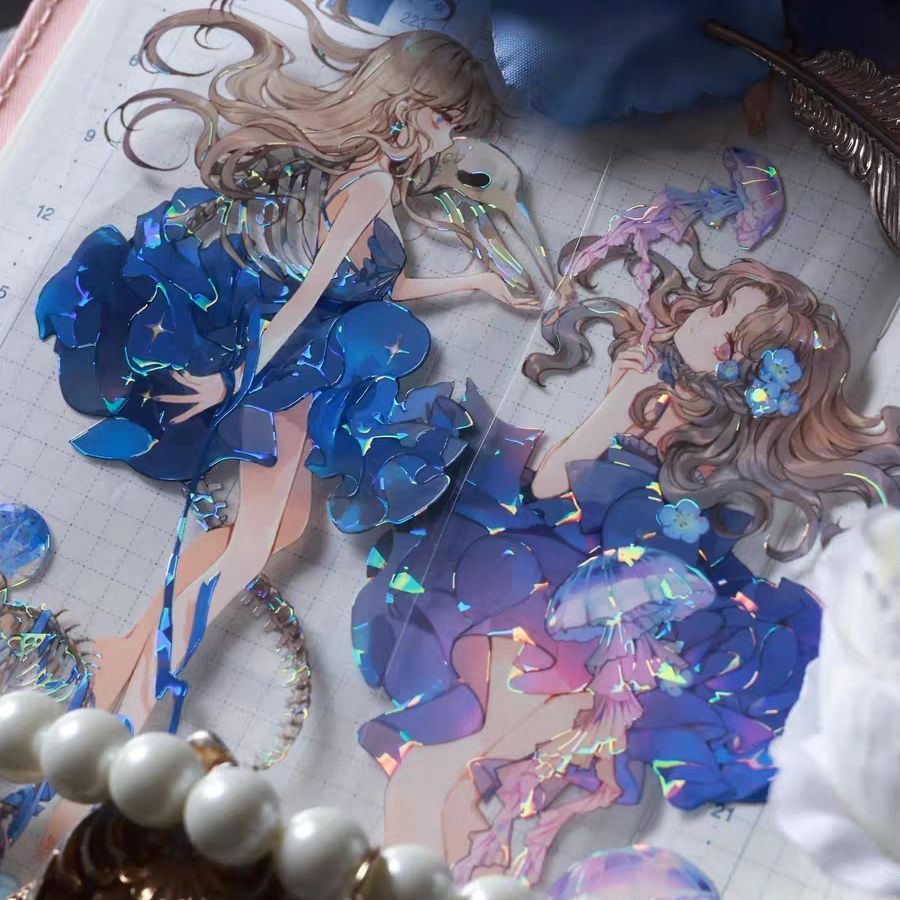 塞壬悲歌墨鱼原创手账胶带分装pet特材绝美人物海洋人鱼贴纸拼贴