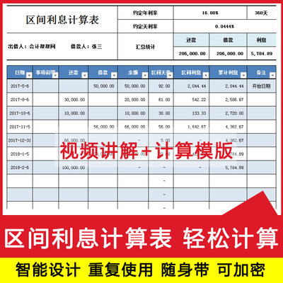 财务利息计算表企业借款利息计算个人借款利息贷款利息电子表格