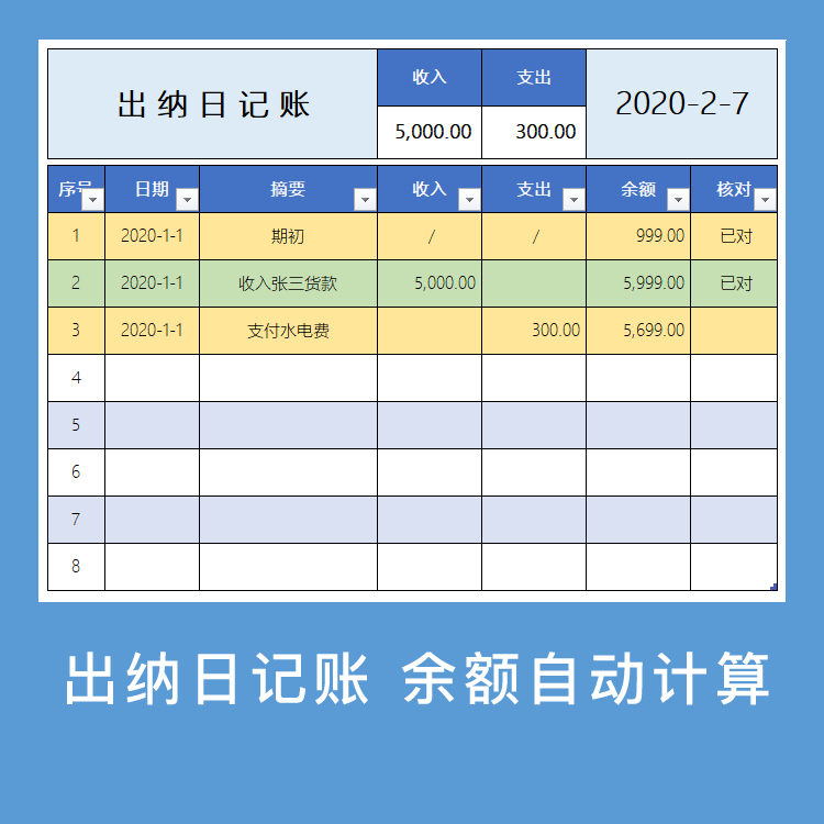 出纳日记账excel电子版收支帐本wps表格简单易操作电子电脑表格 商务/设计服务 设计素材/源文件 原图主图