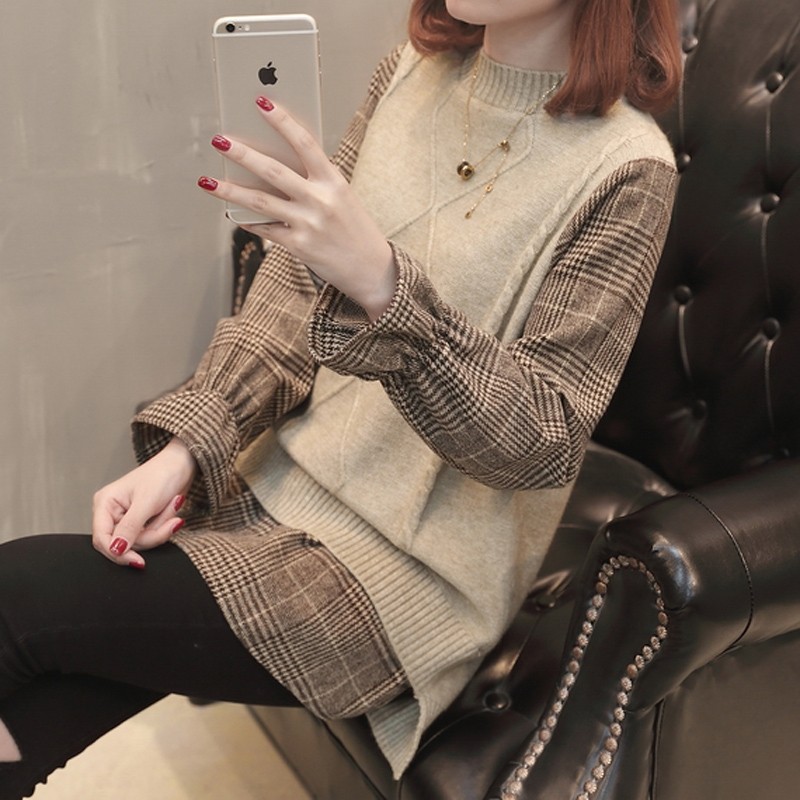 假两件毛衣女上衣2020春秋新款拼接韩版宽松格子喇叭袖套头针织衫