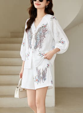 宽松显瘦烫钻刺绣套装女