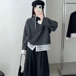 合肥欢欢 百搭休闲拼接蕾丝假两件加绒卫衣女冬25801 自由旅者