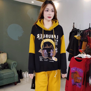 宽松休闲烫钻印花拼色加绒连帽卫衣女25711 冬装 合肥欢欢 音乐会