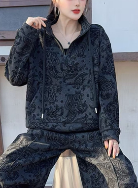 合肥欢欢“腰果花”宽松百搭休闲印花潮流连帽加绒卫衣女冬25768