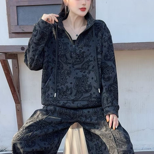 合肥欢欢 宽松百搭休闲印花潮流连帽加绒卫衣女冬25768 腰果花