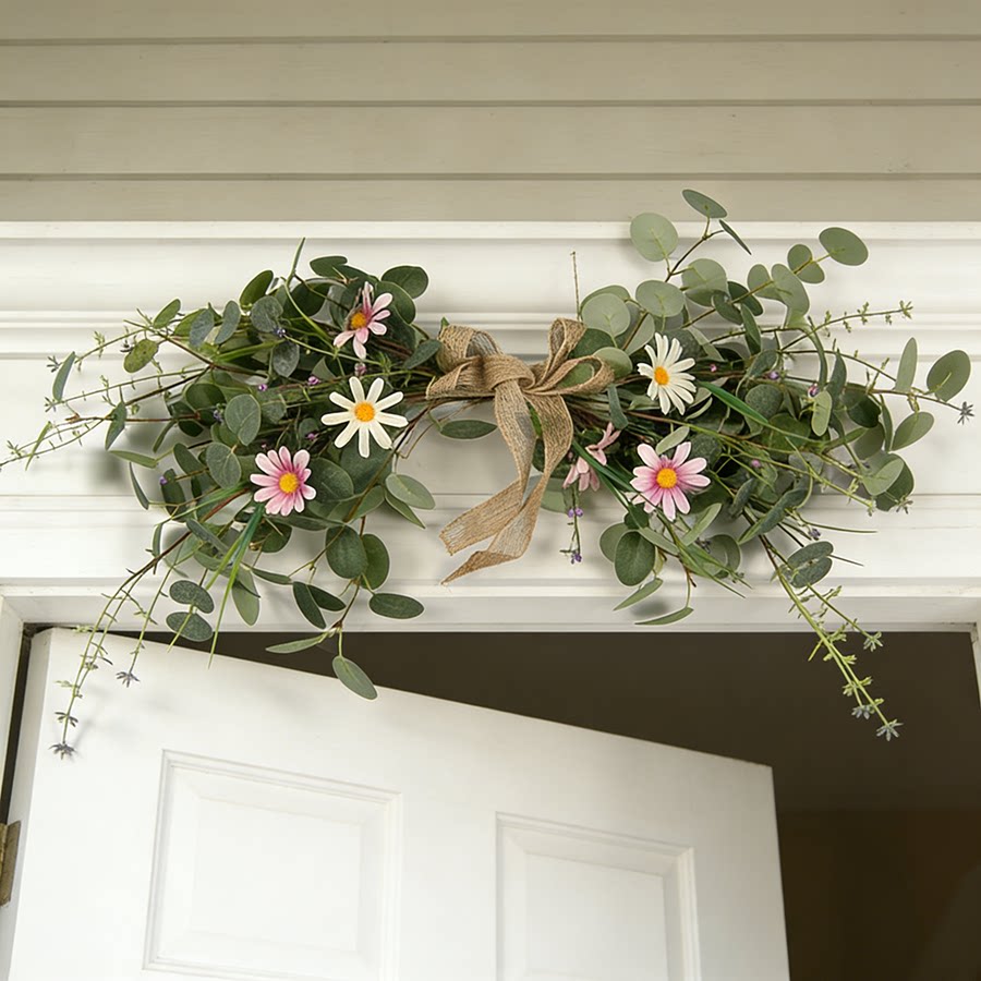 仿真花门饰尤加利雏菊门楣绿叶蝴蝶结装饰壁饰家居森系风格摆件