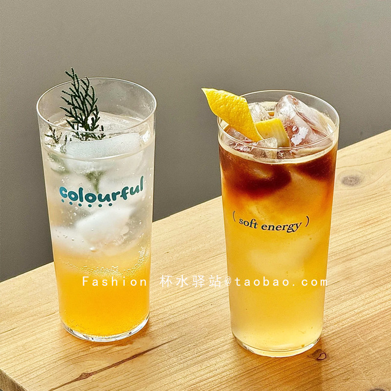 薄款斜身玻璃杯简约创意ins蓝色字母夏天特调气泡水饮品杯果汁杯