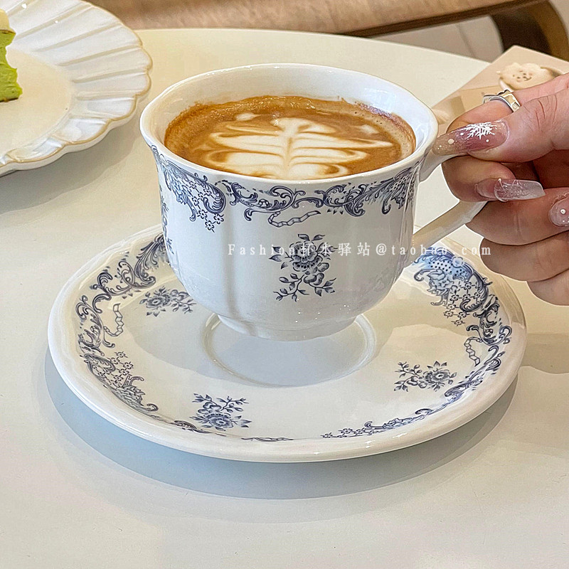中古国风手绘青花陶瓷咖啡杯碟