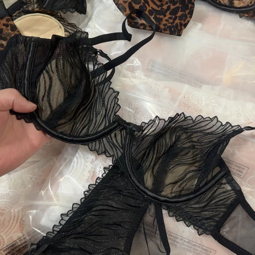 法式超薄内衣套装复古性感豹纹蕾丝镂空软钢圈女士胸罩防激凸无痕